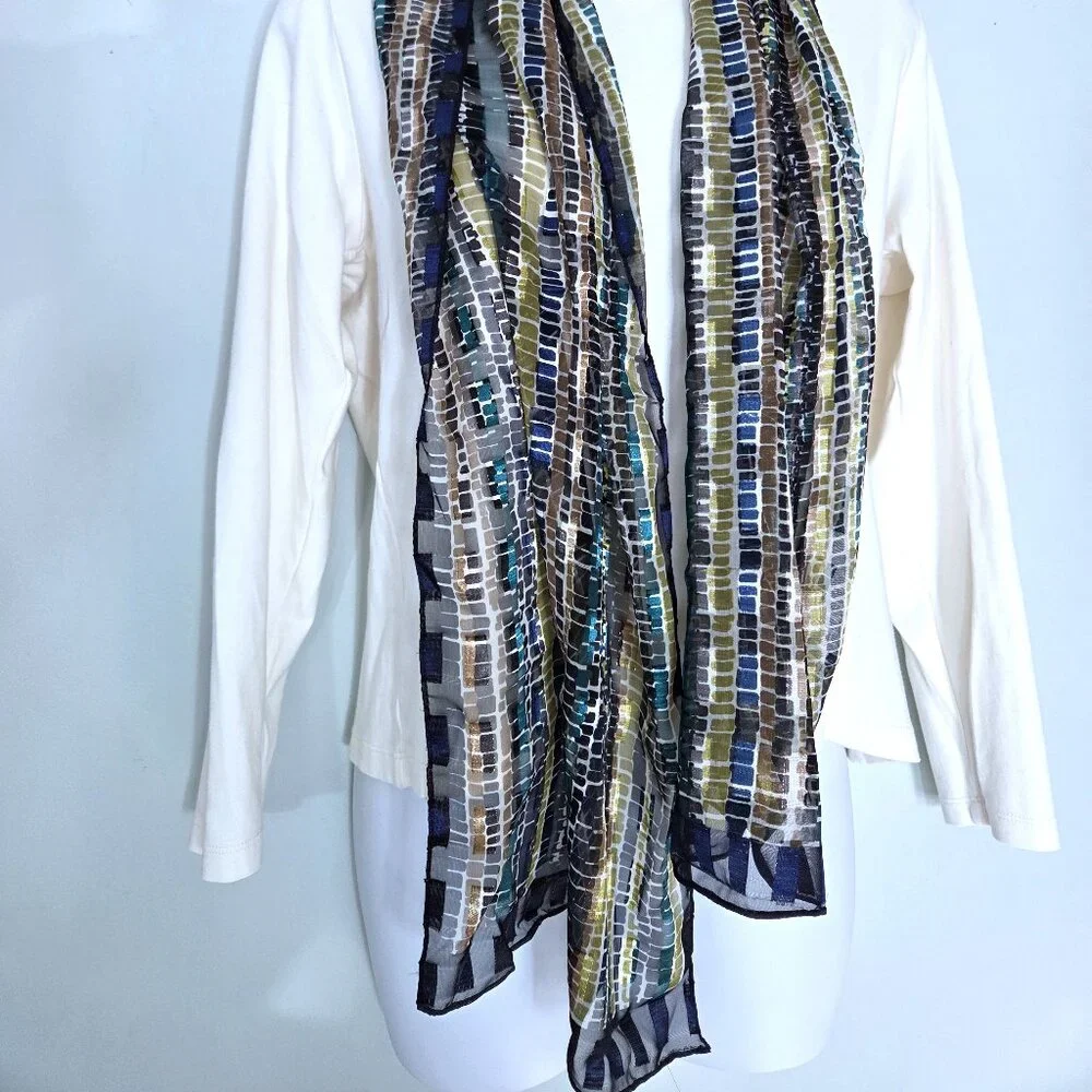NWOT Chiffon Blue Green Gold Metallic Accent Scarf